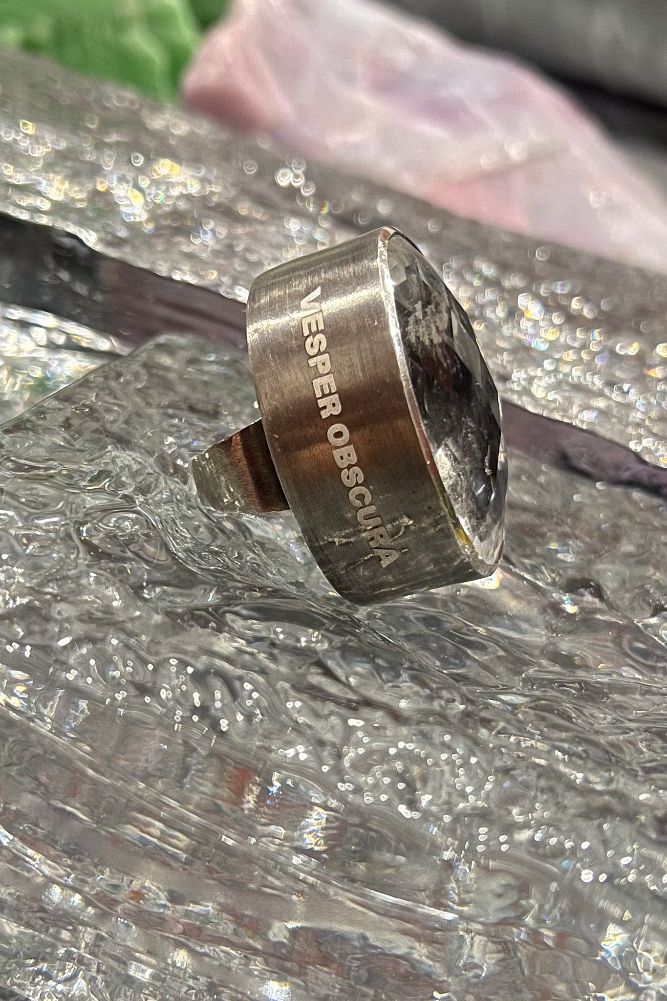 Square Goliath Ring in Striated Crystal (ENGRAVED)