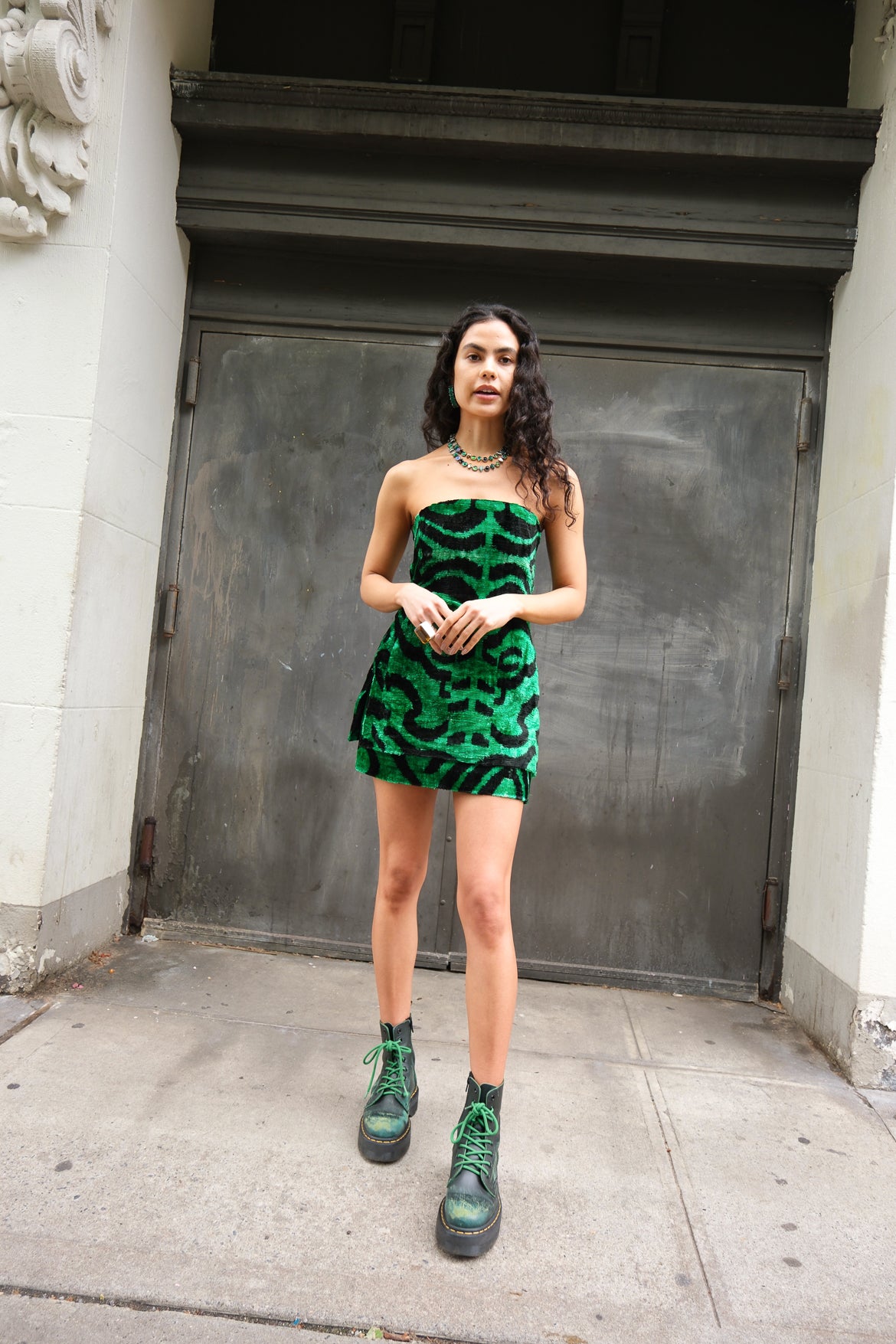 Silk Velvet Micro Skirt in Emerald Bengal